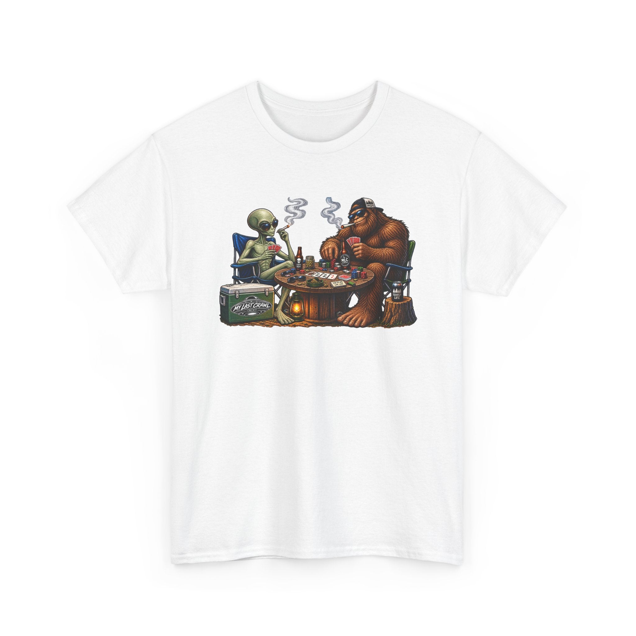 Alien and Bigfoot playing poker and drinking