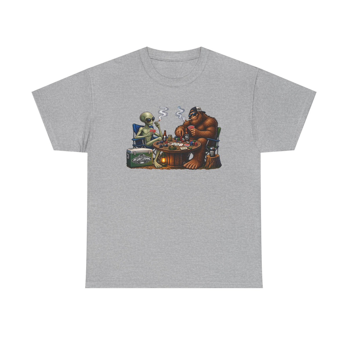 Alien and Bigfoot playing poker and drinking