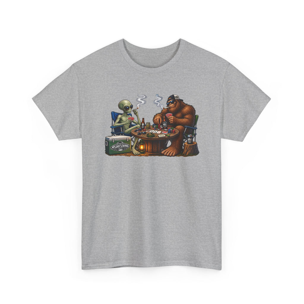 Alien and Bigfoot playing poker and drinking