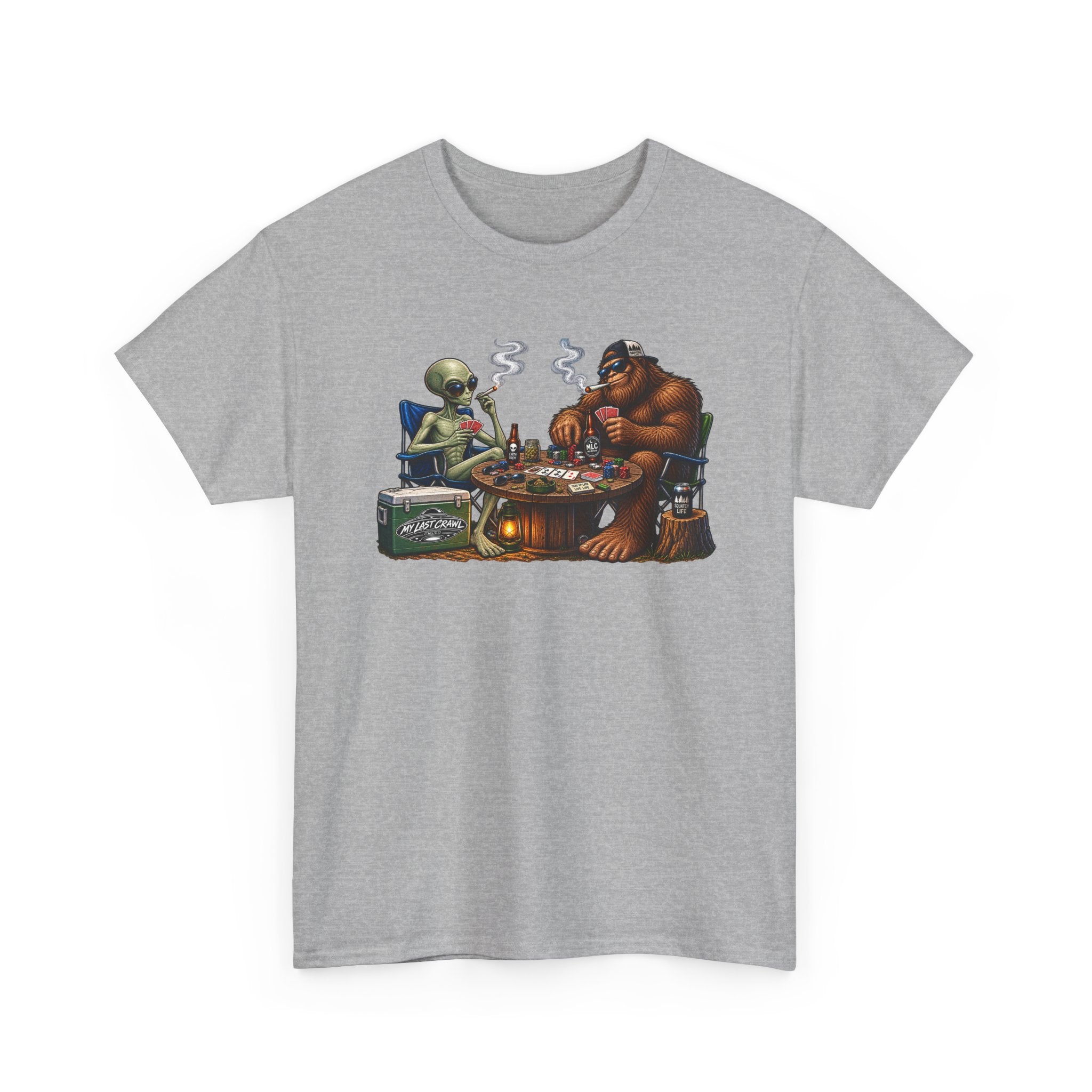 Alien and Bigfoot playing poker and drinking