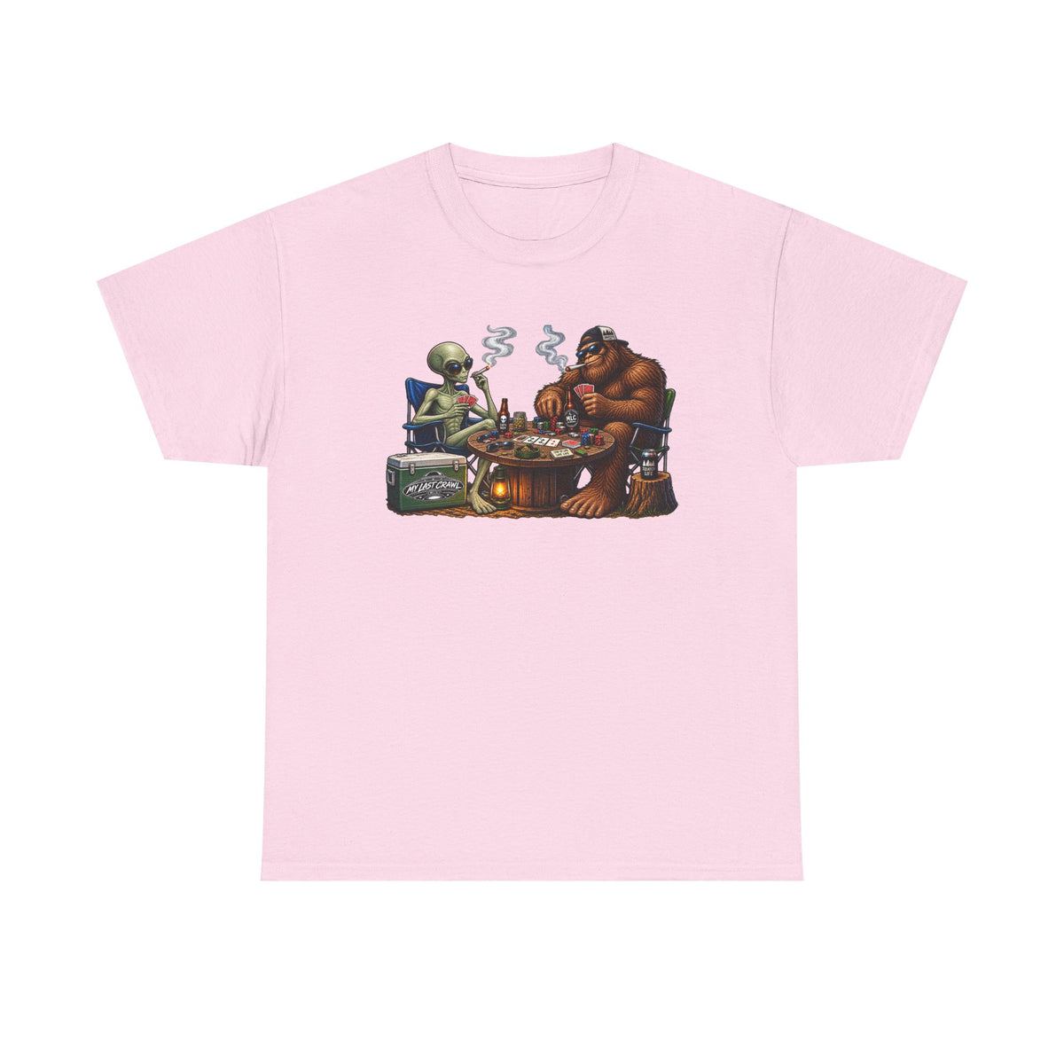Alien and Bigfoot playing poker and drinking